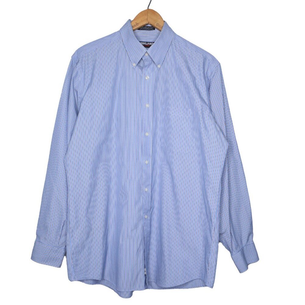 Kirkland Signature Men's Non-Iron Dress Shirt Blue Navy & White Stripe 16.5 //35
